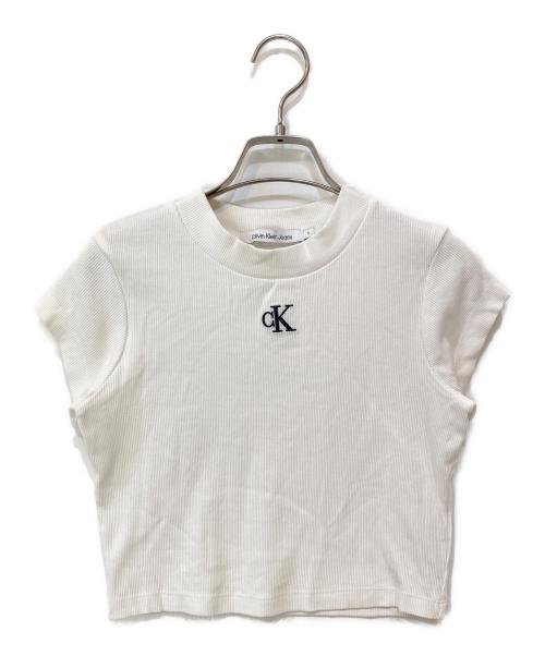 Calvin Klein Jeans（カルバンクラインジーンズ）Calvin Klein Jeans (カルバンクラインジーンズ) MONOGRAM LOGO SLIM FIT CROPPED T-SHIRT モノグラムロゴ スリムフィット クロップドTシャツ  ホワイト サイズ:Sの古着・服飾アイテム