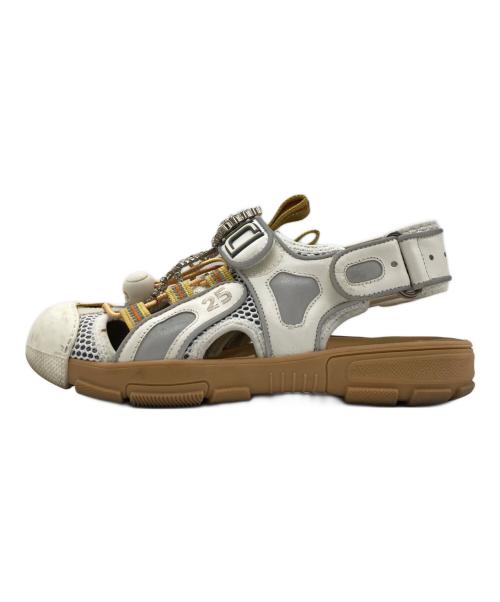 GUCCI（グッチ）GUCCI (グッチ) レザー メッシュ ビジュー ベルクロ サンダル ホワイト×ベージュ サイズ:36の古着・服飾アイテム
