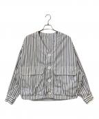 TOMORROW LANDトゥモローランド）の古着「コットングログランストライプ Vネックシャツブルゾン」｜ホワイト×ネイビー