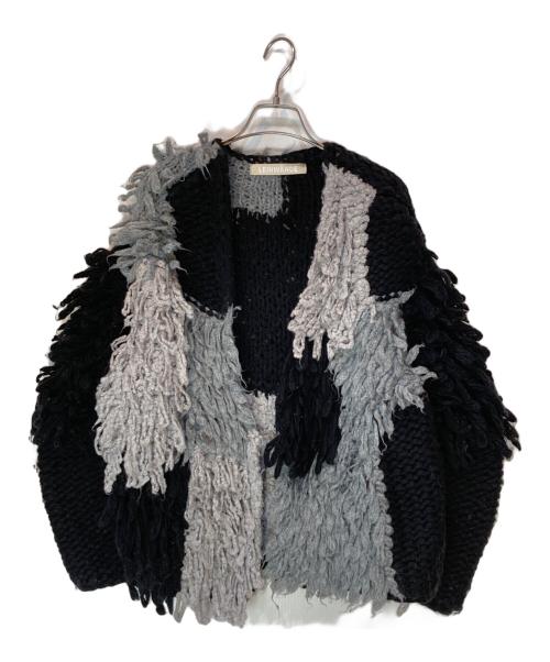 LEINWANDE（ラインヴァンド）LEINWANDE (ラインヴァンド) パッチワークハンドニットカーディガン ブラック×グレー サイズ:FREEの古着・服飾アイテム