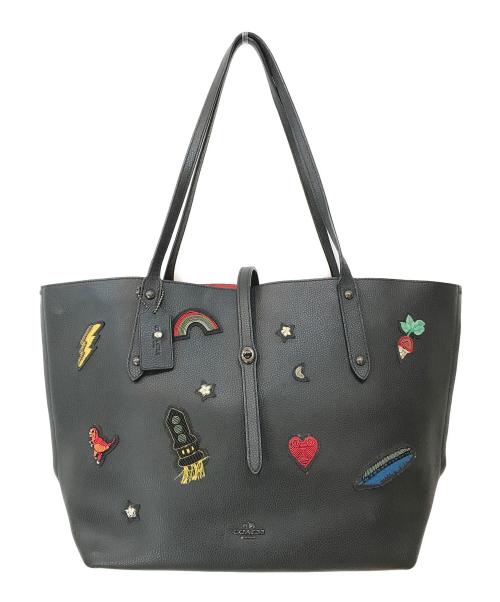 COACH（コーチ）COACH (コーチ) ポリッシュド ペブルレザー ウィズ スーベニア エンブロイダリー マーケットトートバッグ ブラック サイズ:-の古着・服飾アイテム