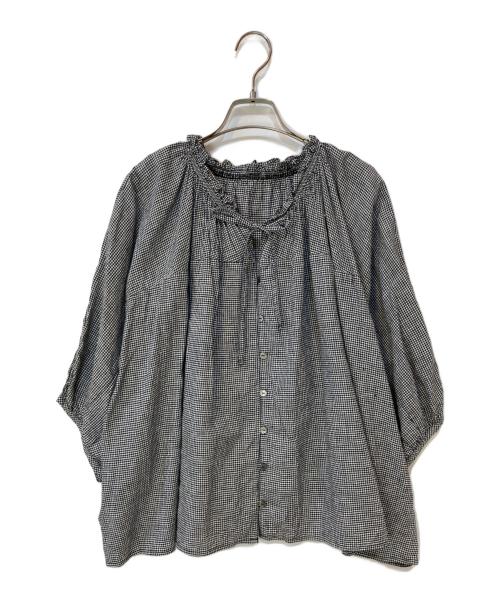 nest Robe（ネストローブ）nest Robe (ネストローブ) ギンガム Vネック フリルブラウス ブラック サイズ:Fの古着・服飾アイテム