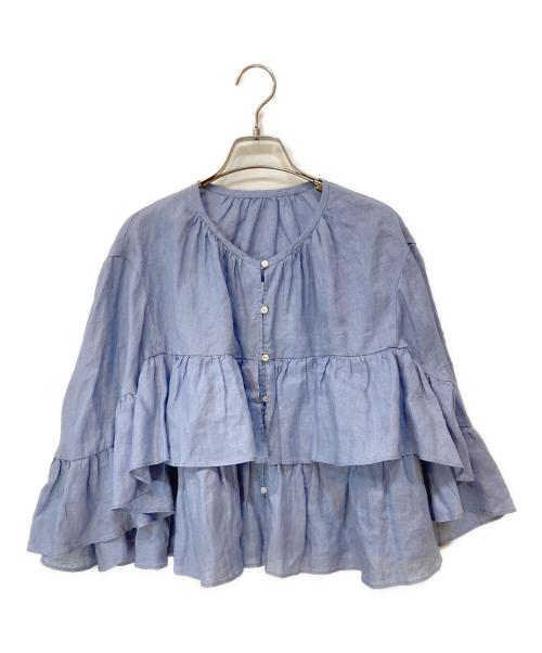 SALON adam et rope'（サロンアダムエロペ）SALON adam et rope' (サロンアダムエロペ) ヨーロピアンフラックスリネンフリルブラウス ブルー サイズ:Fの古着・服飾アイテム