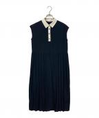SHIPS anyシップスエニィ）の古着「ジョーゼット プリーツ バイカラー フレンチスリーブ ワンピース」｜ネイビー