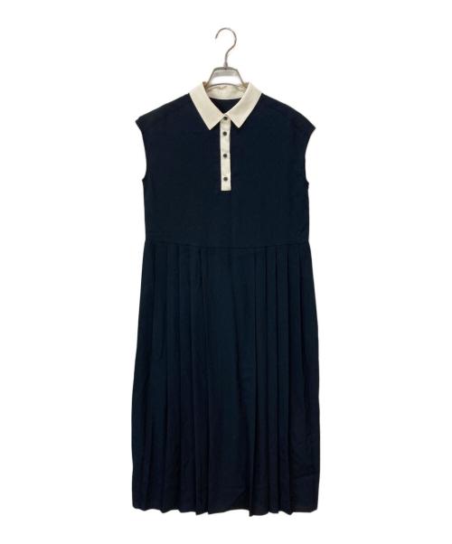 SHIPS any（シップスエニィ）SHIPS any (シップスエニィ) ジョーゼット プリーツ バイカラー フレンチスリーブ ワンピース ネイビー サイズ:Fの古着・服飾アイテム