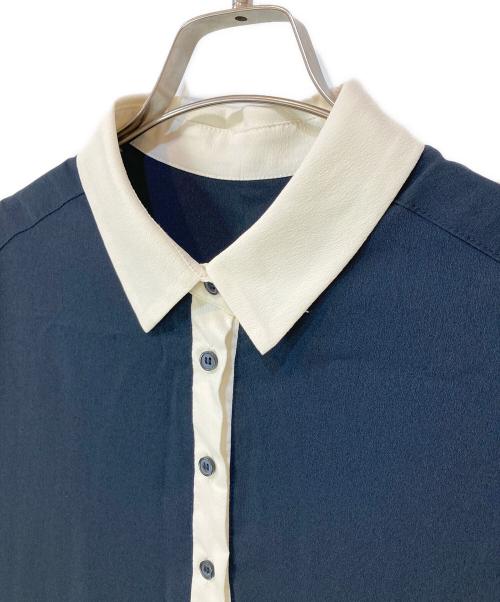 SHIPS any（シップスエニィ）SHIPS any (シップスエニィ) ジョーゼット プリーツ バイカラー フレンチスリーブ ワンピース ネイビー サイズ:Fの古着・服飾アイテム