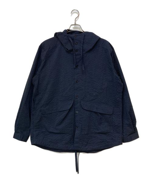 utility specification（ユーティリティ スペスィフィケーション）utility specification (ユーティリティ スペスィフィケーション) STONE Yarn dyed Seersucker ストライプフードシャツ Navy Stripe サイズ:XLの古着・服飾アイテム