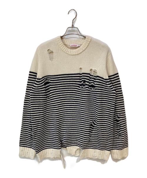 CHARLES JEFFREY LOVERBOY（チャールズ ジェフリー ラバーボーイ）CHARLES JEFFREY LOVERBOY (チャールズ ジェフリー ラバーボーイ) ダメージ加工 ストライプセーター ベージュ×ブラック サイズ:Mの古着・服飾アイテム