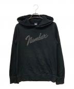 NUMBER (N)INEナンバーナイン）の古着「05AW THE HIGH STREETS Fender Logo Raglan Damaged hooded sweatshirt/フェンダーロゴ ラグラン ダメージ加工 フード付きスウェットシャツ」｜ブラック