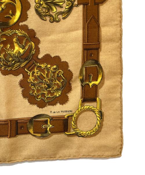 HERMES（エルメス）HERMES (エルメス) カレ90 Cuivreries 銅細工 ウールスカーフ ブラウン×ベージュの古着・服飾アイテム