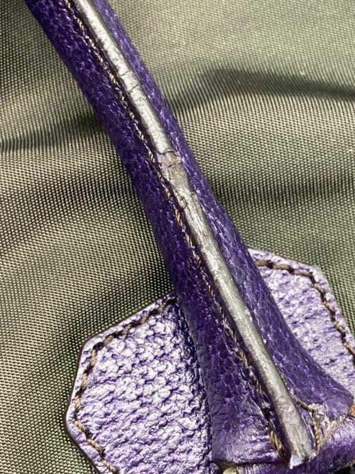 PRADA（プラダ）PRADA (プラダ) テスートナイロン×レザー ハンドバッグ カーキ×パープル サイズ:なしの古着・服飾アイテム