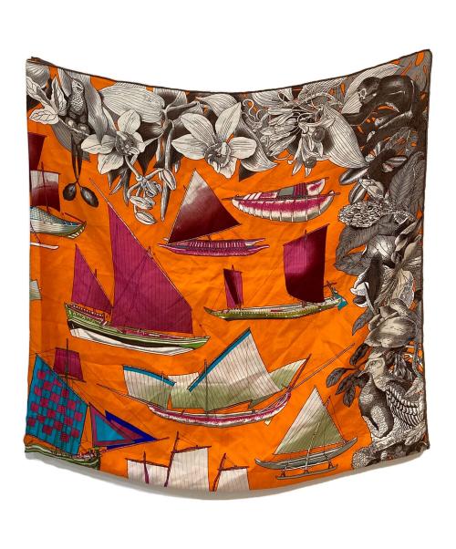 HERMES（エルメス）HERMES (エルメス) 世界の帆船 カレ130 大判シルクスカーフ オレンジの古着・服飾アイテム