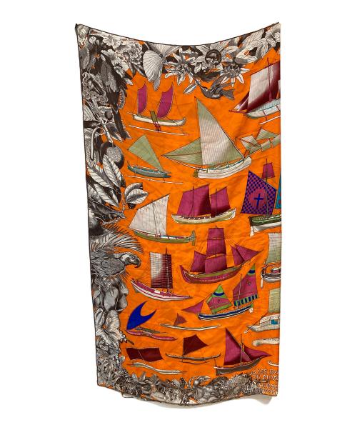 HERMES（エルメス）HERMES (エルメス) 世界の帆船 カレ130 大判シルクスカーフ オレンジの古着・服飾アイテム