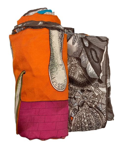HERMES（エルメス）HERMES (エルメス) 世界の帆船 カレ130 大判シルクスカーフ オレンジの古着・服飾アイテム