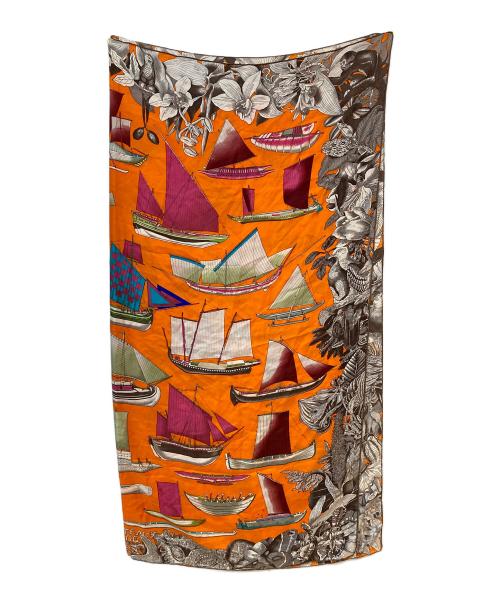 HERMES（エルメス）HERMES (エルメス) 世界の帆船 カレ130 大判シルクスカーフ オレンジの古着・服飾アイテム