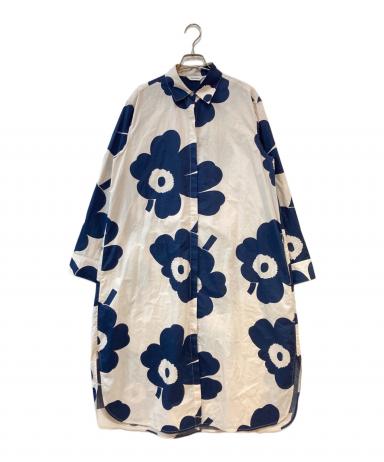 マリメッコ♡ロングシャツワンピース ウニッコ 大花柄 ベージュ ネイビー 38 中古・古着通販】marimekko (マリメッコ) ウニッコ柄ワンピース