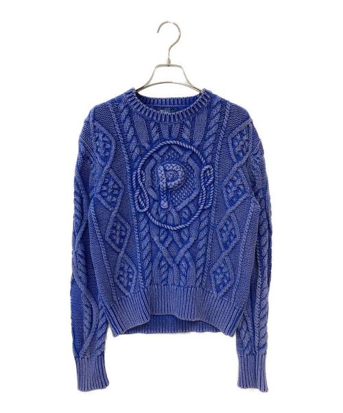 POLO RALPH LAUREN（ポロ・ラルフローレン）POLO RALPH LAUREN (ポロ・ラルフローレン) ウオッシュ加工 アランケーブルPロゴニット ブルー サイズ:Sの古着・服飾アイテム