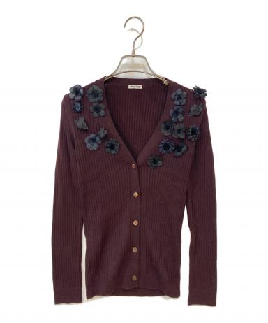 【良品】MIU MIU 花柄カーディガン パープル 36 ショート丈 羽織り 中古・古着通販】MIU MIU (ミュウミュウ) 装飾Vネックカーディガン
