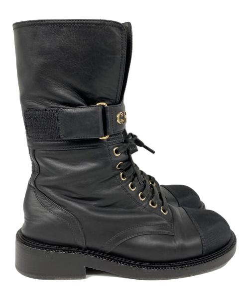 CHANEL（シャネル）CHANEL (シャネル) ココマーク マーティン レースアップショートブーツ ブラック サイズ:36 1/2の古着・服飾アイテム
