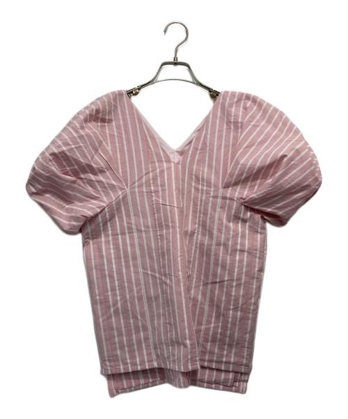 TSURU by MARIKO OIKAWA（ツルバイマリコオイカワ）Tsuru by Mariko Oikawa (ツルバイマリコオイカワ) Vネック ストライプブラウス ピンク サイズ:Fの古着・服飾アイテム