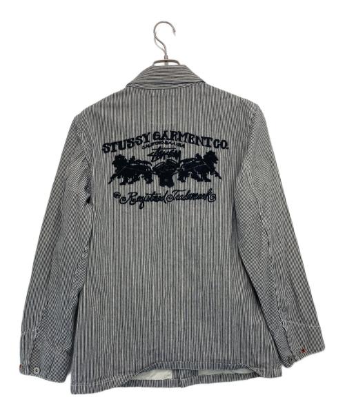 stussy（ステューシー）stussy (ステューシー) 両面刺繍 ヒッコリーストライプ カバーオール ネイビー×ホワイト サイズ:Mの古着・服飾アイテム