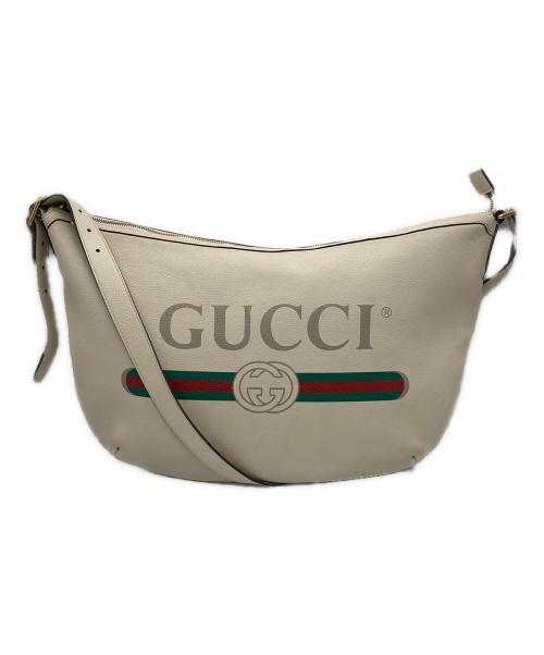 GUCCI（グッチ）GUCCI (グッチ) ロゴプリント ハーフムーン レザー ショルダーバッグ ベージュ サイズ:-の古着・服飾アイテム