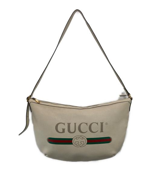GUCCI（グッチ）GUCCI (グッチ) ロゴプリント ハーフムーン レザー ショルダーバッグ ベージュ サイズ:-の古着・服飾アイテム