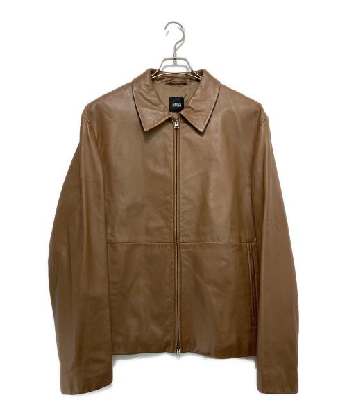 BOSS HUGO BOSS（ボス ヒューゴボス）BOSS HUGO BOSS (ボス ヒューゴボス) ラムレザージップブルゾン ブラウン サイズ:52の古着・服飾アイテム