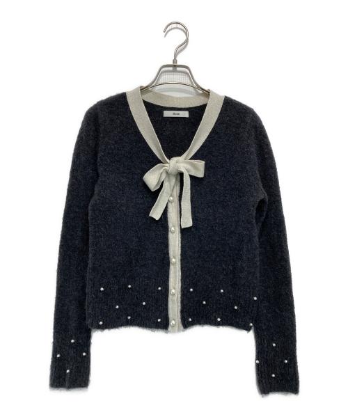 Rene（ルネ）Rene (ルネ) リボン＆パール付ウールカーディガン グレー サイズ:36の古着・服飾アイテム