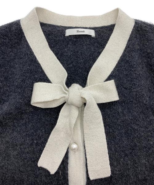 Rene（ルネ）Rene (ルネ) リボン＆パール付ウールカーディガン グレー サイズ:36の古着・服飾アイテム