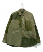 COMME des GARCONS HOMMEコムデギャルソン オム）の古着「綿カツラギ 多素材MIX 製品加工 ミリタリー パッチワーク 長袖 シャツ」｜カーキ