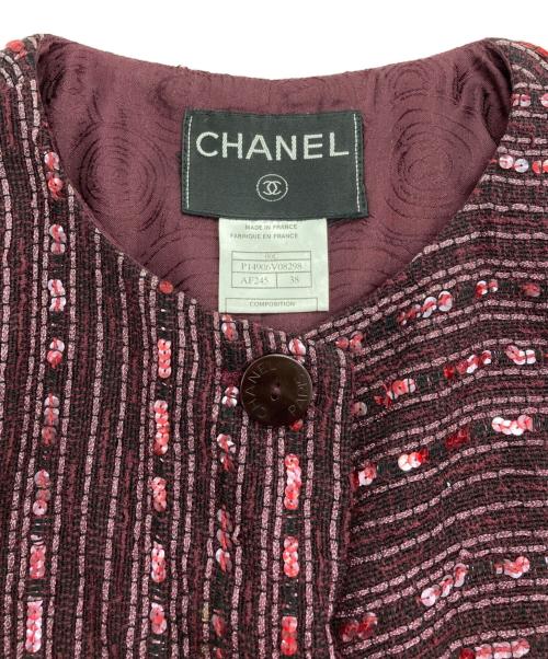 CHANEL（シャネル）CHANEL (シャネル) スパンコール ノーカラー ジャケット レッド サイズ:38の古着・服飾アイテム