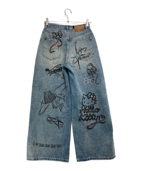 UNIFREE（ユニフリー）UNIFREE (ユニフリー) HELLO KITTY (ハローキティ)  Denim Hot Diamond Wide Leg Pants/コラボデニムパンツ インディゴ サイズ:155/62Aの古着・服飾アイテム