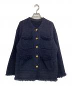 ARPEGE STORYアルページュストーリー）の古着「ノーカラーツイードニットジャケット」｜ネイビー