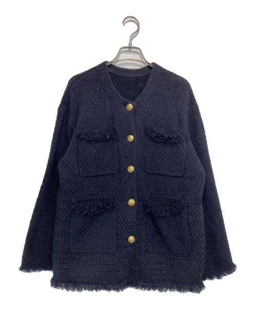 ARPEGE STORY（アルページュストーリー）ARPEGE STORY (アルページュストーリー) ノーカラーツイードニットジャケット ネイビー サイズ:2の古着・服飾アイテム