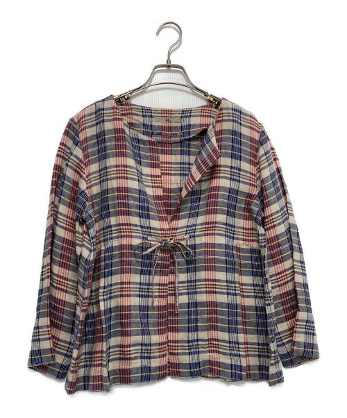 45R（フォーティファイブ・アール）45R (フォーティファイブ・アール) リネンノーカラー前開きシャツブラウス レッド×ブルー サイズ:2の古着・服飾アイテム