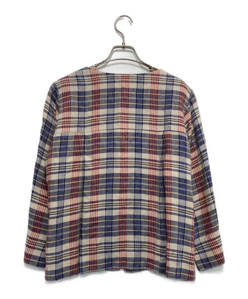 45R（フォーティファイブ・アール）45R (フォーティファイブ・アール) リネンノーカラー前開きシャツブラウス レッド×ブルー サイズ:2の古着・服飾アイテム