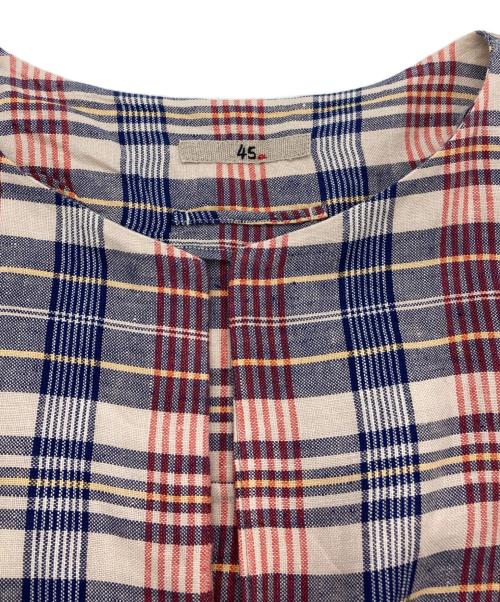 45R（フォーティファイブ・アール）45R (フォーティファイブ・アール) リネンノーカラー前開きシャツブラウス レッド×ブルー サイズ:2の古着・服飾アイテム