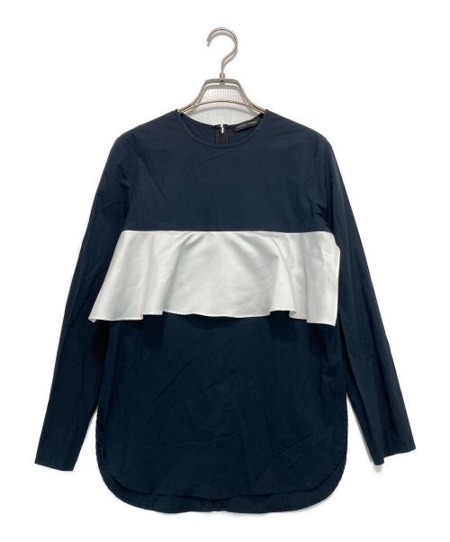 YOKO CHAN（ヨーコチャン）YOKO CHAN (ヨーコチャン) フロントラッフルブラウス ネイビー×ホワイト サイズ:38の古着・服飾アイテム