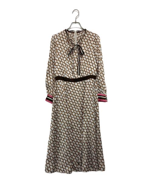 ANAYI（アナイ）ANAYI (アナイ) ベルトパターンプリント ワンピース ホワイト×ブラウン サイズ:36の古着・服飾アイテム