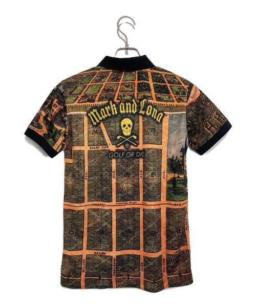 MARK&LONA（マークアンドロナ）MARK&LONA (マークアンドロナ) 総柄ポロシャツ ブラック×オレンジ サイズ:44の古着・服飾アイテム