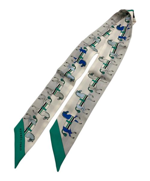 HERMES（エルメス）HERMES (エルメス) ツイリースカーフ「ロカバール」 ホワイト×グリーンの古着・服飾アイテム