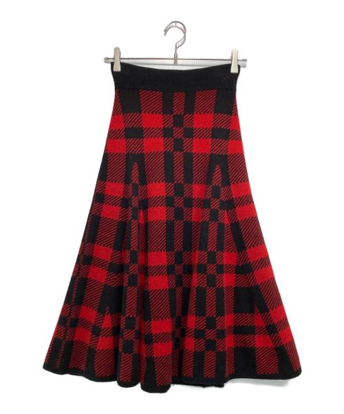 POLO RALPH LAUREN（ポロ・ラルフローレン）POLO RALPH LAUREN (ポロ・ラルフローレン) チェック柄ニットフレアスカート レッド×ブラック サイズ:XSの古着・服飾アイテム