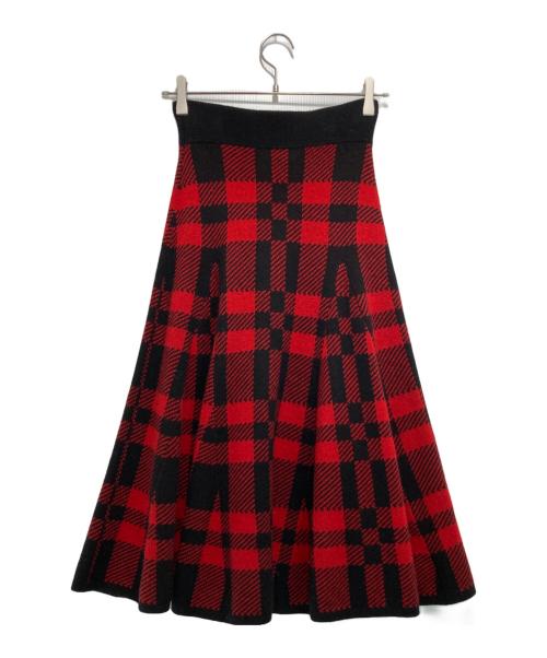 POLO RALPH LAUREN（ポロ・ラルフローレン）POLO RALPH LAUREN (ポロ・ラルフローレン) チェック柄ニットフレアスカート レッド×ブラック サイズ:XSの古着・服飾アイテム