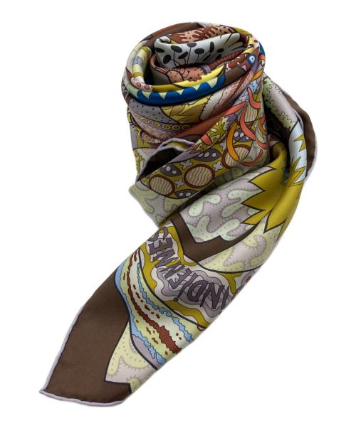 HERMES（エルメス）HERMES (エルメス) カレ90 FLEURS DINDIENNES「インドの花」 ブラウン×イエローの古着・服飾アイテム