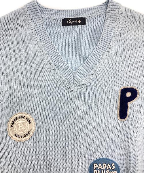 PAPAS PLUS（パパスプラス）PAPAS PLUS (パパスプラス) ワッペンニットベスト スカイブルー サイズ:Mの古着・服飾アイテム