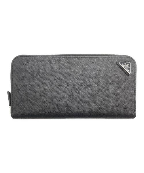PRADA（プラダ）PRADA (プラダ) サフィアーノ オーガナイザー トライアングルロゴ ラウンドジップ ロングウォレット ブラックの古着・服飾アイテム