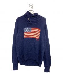 POLO RALPH LAUREN（ポロ・ラルフローレン）の古着「星条旗 ショールカラーニット」｜ネイビー