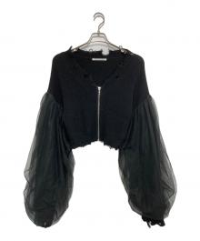 JOSE MOON（ジョゼムーン）の古着「TULLE SLEEVE KNIT CARDIGAN チュールスリーブニットカーディガン」｜ブラック