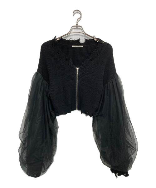 JOSE MOON（ジョゼムーン）JOSE MOON (ジョゼムーン) TULLE SLEEVE KNIT CARDIGAN チュールスリーブニットカーディガン ブラック サイズ:Fの古着・服飾アイテム